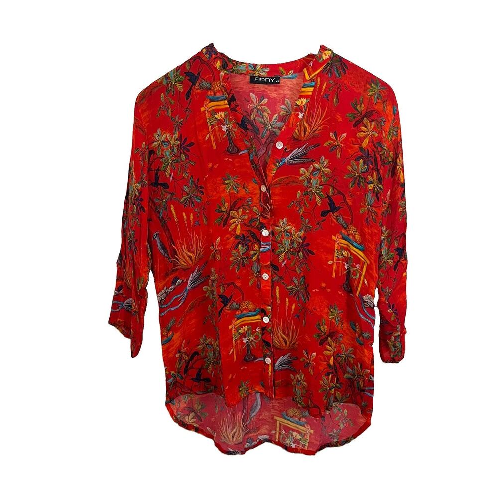 APNY Tropical Bird Print Button Down Blouse Womens XS Red Cupro Art to Wear